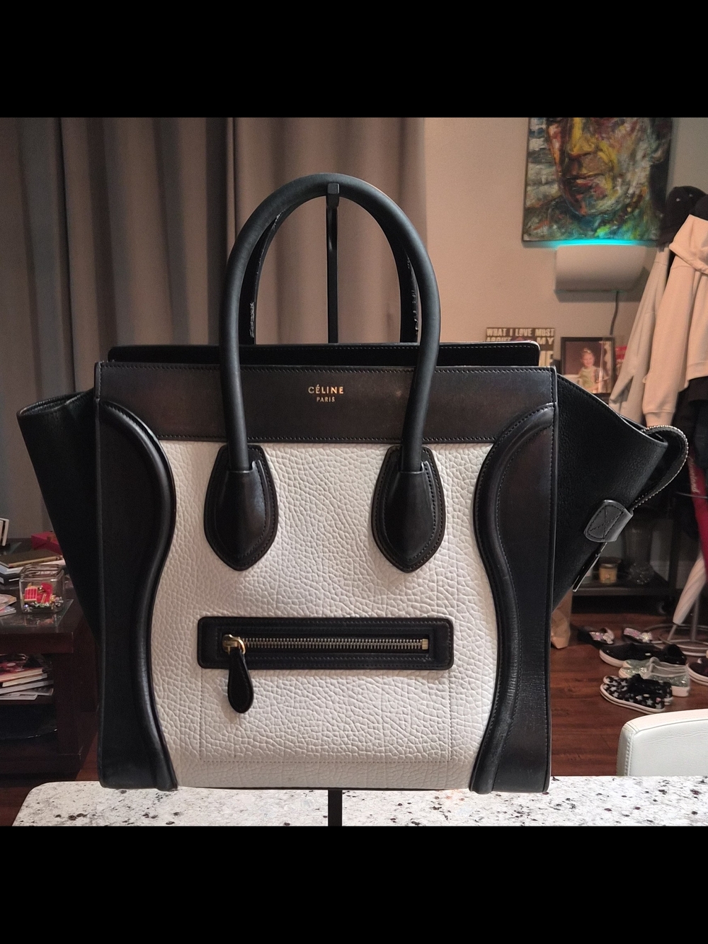 Authentic Céline Micro Luggage Tote Bag Black White Leather Philo Era EXCELLENT